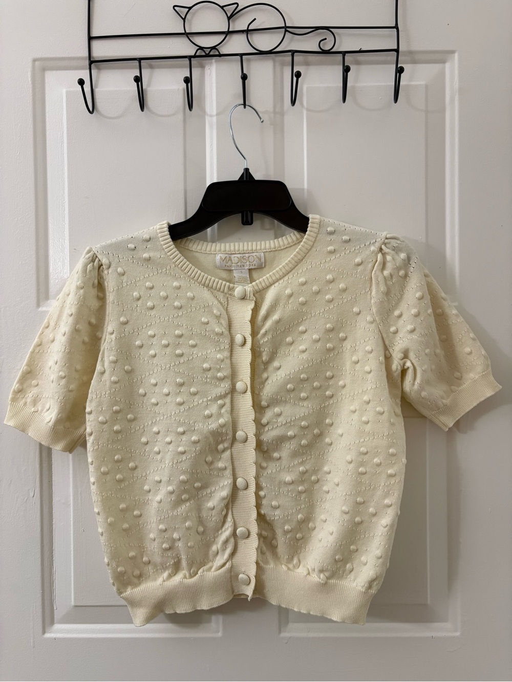 Madison Cream Short Sleeve Knit Cardigan with Raised Dot Texture